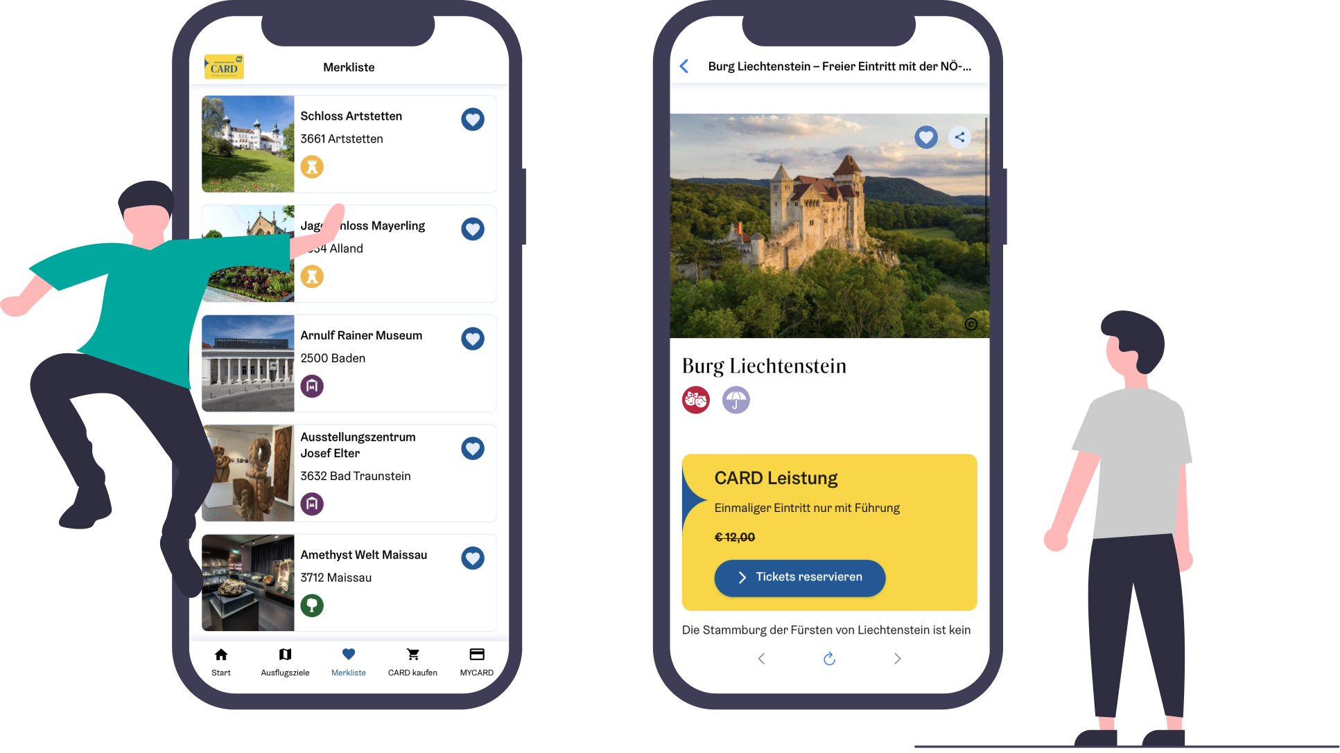 Illustration mit App Screenshot Übersicht von Niederösterreich-CARD Tourismus App und Website | bitsfabrik