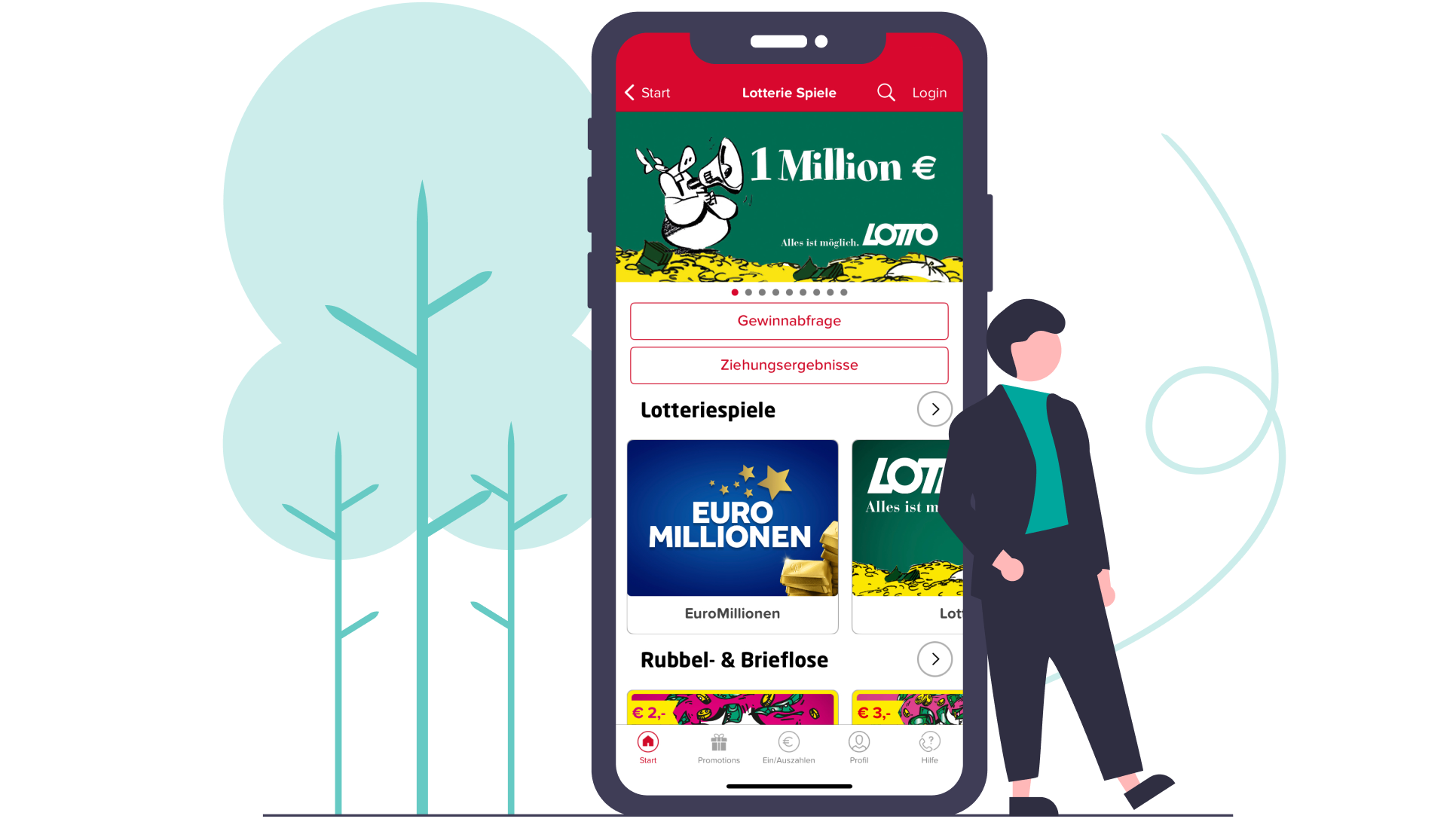 Illustration mit App Screenshot Übersicht von Lotterien win2day Gambling Apps | bitsfabrik